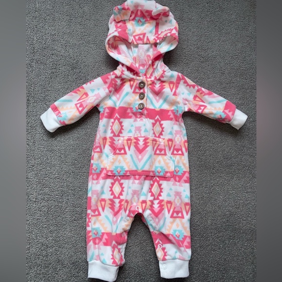 Carter’s baby girl white Aztec print hooded fleece jumpsuit coverall Sz 3 months - Picture 5 of 9